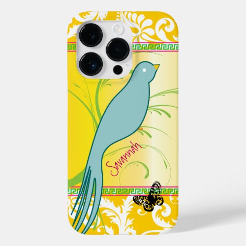 Vintage Damask Aqua Blue Swallow Bird Butterfly Case_Mate iPhone 14 Pro Case