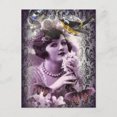 Vintage damask art deco gatsby Flapper Girl Postcard