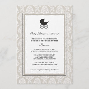 Vintage Damask Baby Carriage Baby Shower Invitation