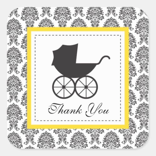 Vintage Damask Baby Carriage Baby Shower Square Sticker