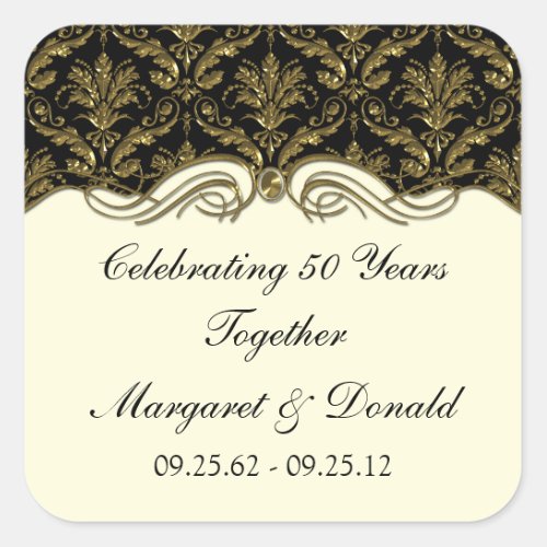 Vintage Damask Black and Gold 50th Anniversary Square Sticker