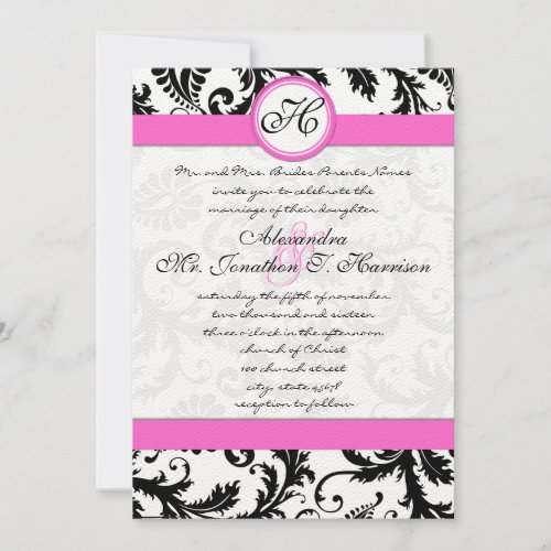 Vintage Damask Black and White with Hot Pink Trim Invitation