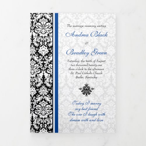 Vintage Damask Blue Black Tri_Fold Wedding Program