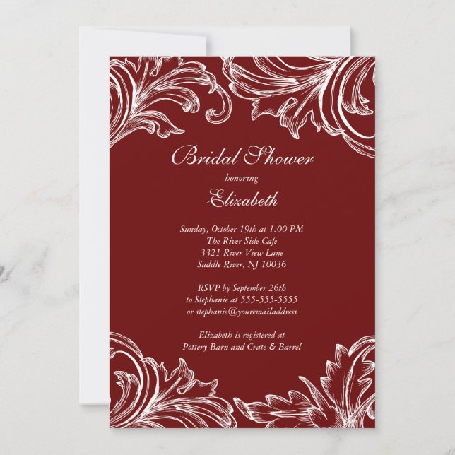 Vintage Damask Bridal Shower Invitation Merlot (Front)