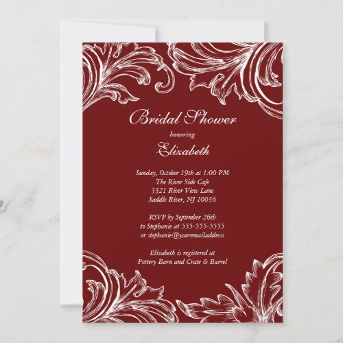 Vintage Damask Bridal Shower Invitation Merlot