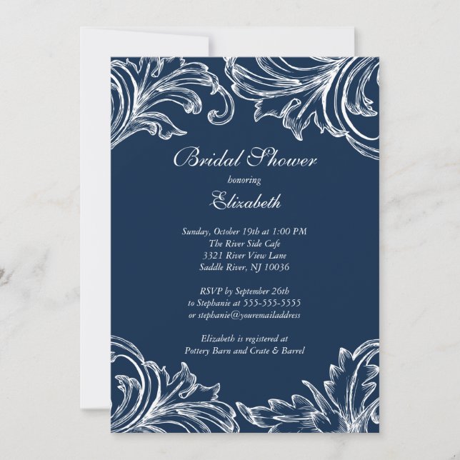 Vintage Damask Bridal Shower Invitation Navy Blue (Front)
