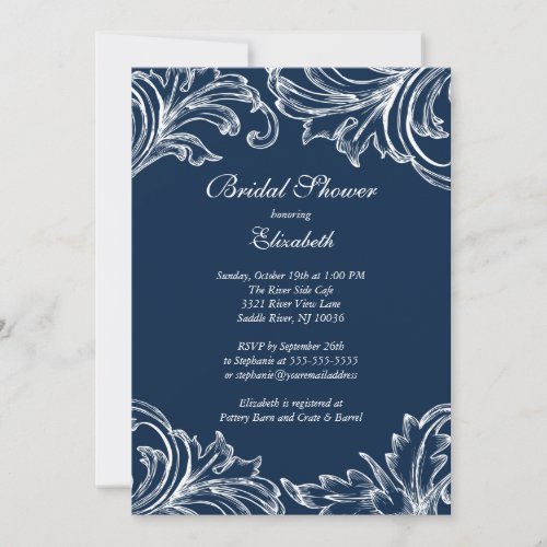 Vintage Damask Bridal Shower Invitation Navy Blue