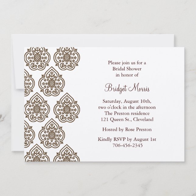 Vintage Damask Bridal Shower Invite on champagne (Front)