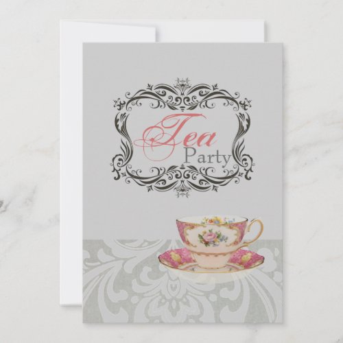 vintage damask bridal shower tea party invitation