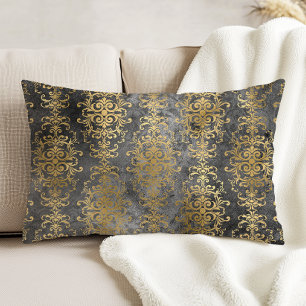 Vintage Damask Charcoal and Gold Distressed Accent Pillow