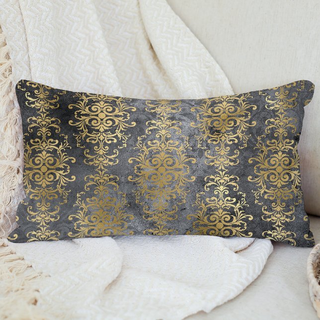 Vintage Damask Charcoal and Gold Distressed Lumbar Pillow (Creator Uploaded)