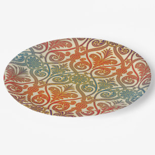 Vintage Damask Contour Wallpaper - blue violet red Paper Plates