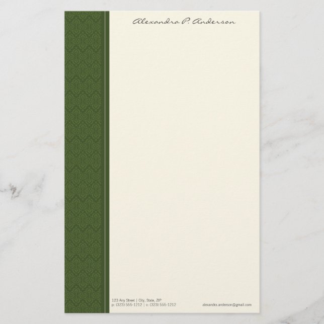 Vintage Damask Customized Lime Green Stationery (Front)