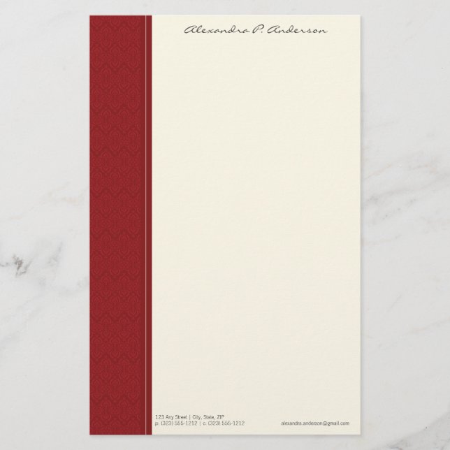 Vintage Damask Customized Red Designer Stationery (Front)