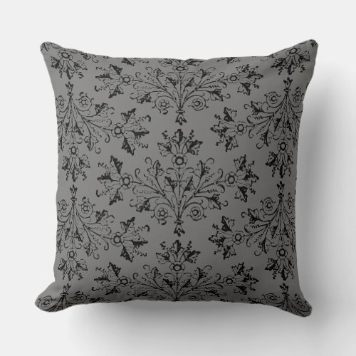 Vintage Damask Daisy Floral Black Gray Throw Pillow