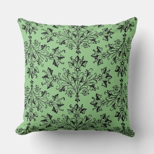 Vintage Damask Daisy Floral Black Sage Green Throw Pillow