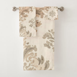 Vintage Damask Elegant Beige French Farmhouse Bath Towel Set