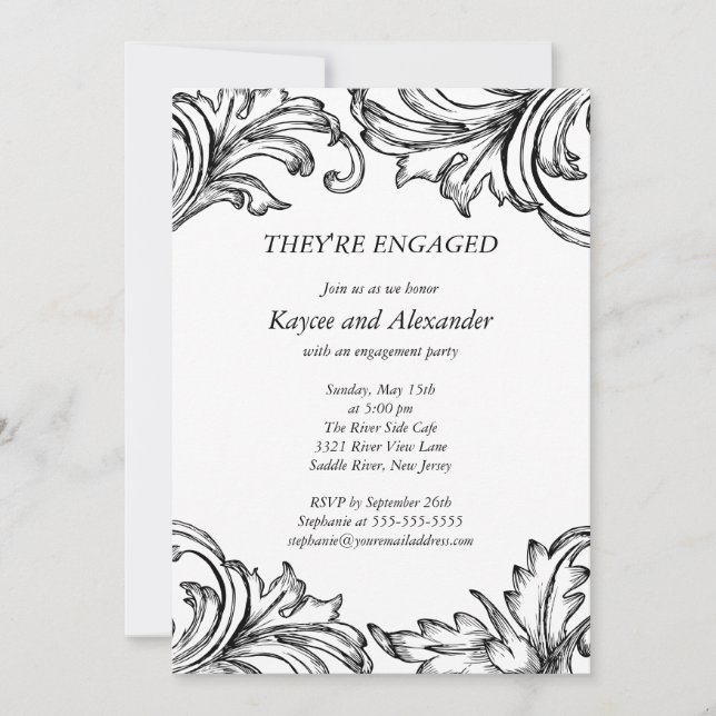 Vintage Damask Engagement Invitations Black (Front)