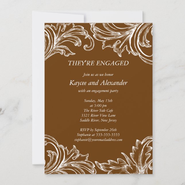 Vintage Damask Engagement Invitations Fall Brown (Front)