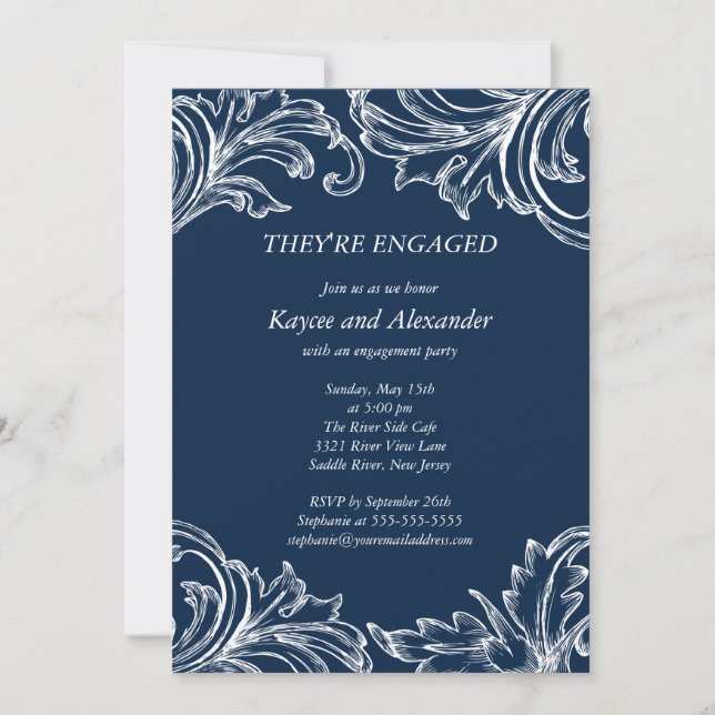 Vintage Damask Engagement Invitations Navy Blue (Front)