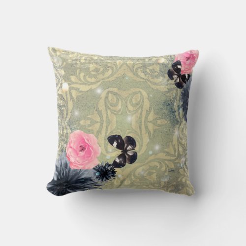 Vintage Damask Floral Design With Butterflies  Throw Pillow