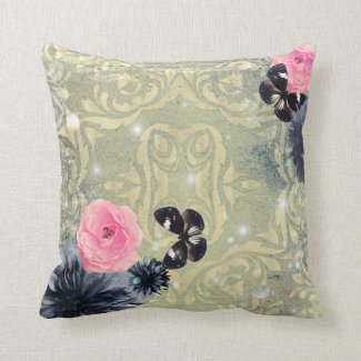 Vintage Damask Floral Design With Butterflies  Throw Pillow
