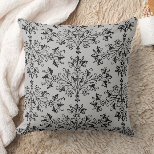 Vintage Damask Floral Pattern Black Light Gray Throw Pillow