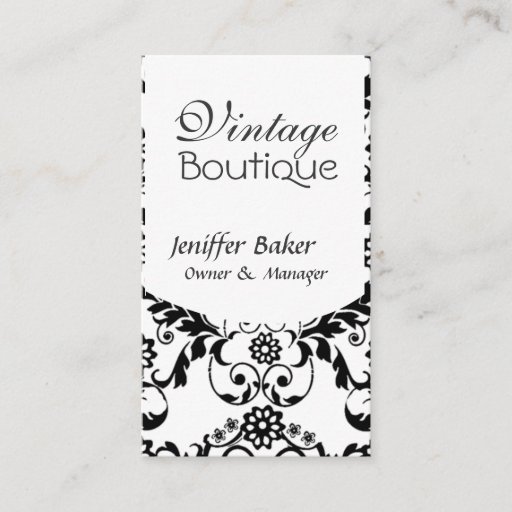 Customizable Black and White Damask Vintage Boutique Business Card Templates