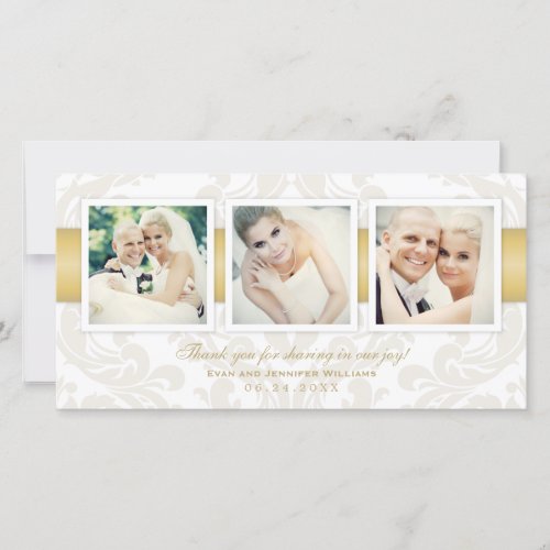 Vintage Damask Gold Wedding Photo Collage Thank You Card