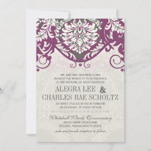 Vintage Damask Gray and Plum Modern Typography Invitation