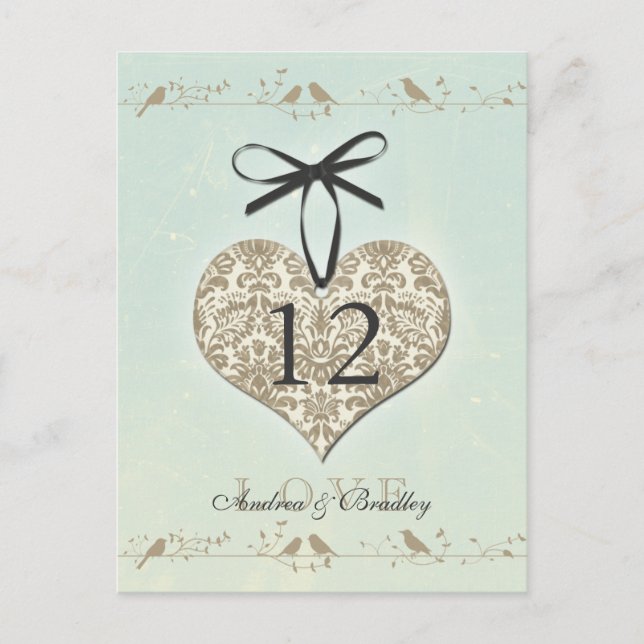 Vintage Damask Heart Mint Gold Table Number (Front)