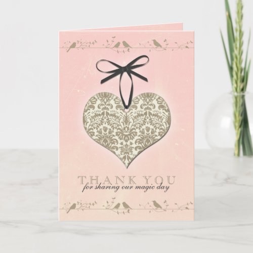 Vintage Damask Heart Pink Gold Wedding Thank You