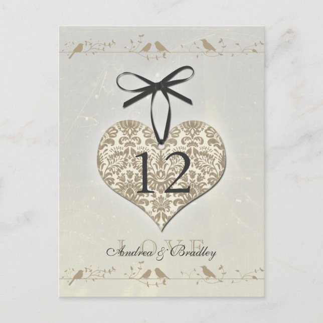 Vintage Damask Heart Silver Gold Table Number (Front)