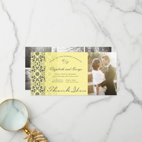 Vintage Damask Lace Butter Yellow Photo Wedding Thank You Card