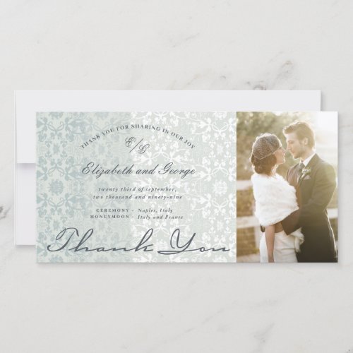 Vintage Damask Lace Chic Powder Blue Photo Wedding Thank You Card