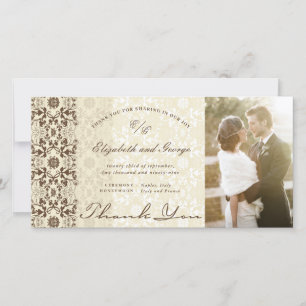 Vintage Damask Lace Coffee & Cream Photo Wedding Thank You Card
