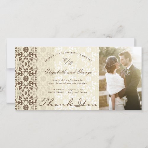 Vintage Damask Lace Coffee  Cream Photo Wedding Thank You Card