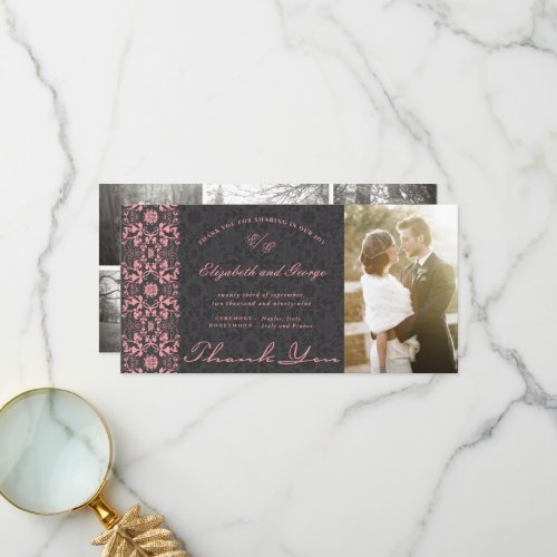 Vintage Damask Lace Pink  Black Photo Wedding Thank You Card