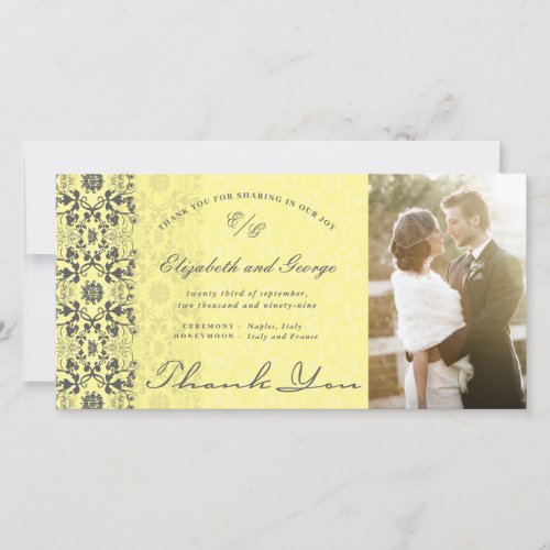 Vintage Damask Lace Yellow  Gray Photo Wedding Thank You Card