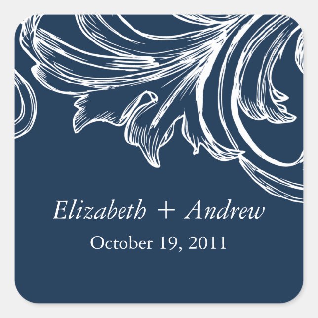 Vintage Damask leaf Wedding Sticker Navy Blue (Front)