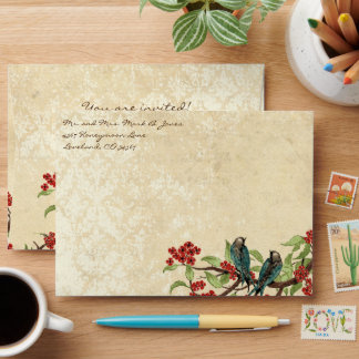 Vintage Damask Love Birds Red Floral Branch Envelope