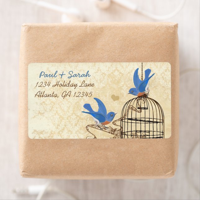 Vintage Damask Lucky Bluebirds Brown Bird Cage Label (Insitu)