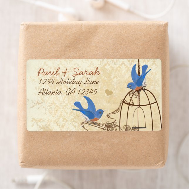 Vintage Damask Lucky Bluebirds Brown Bird Cage Label (Insitu)