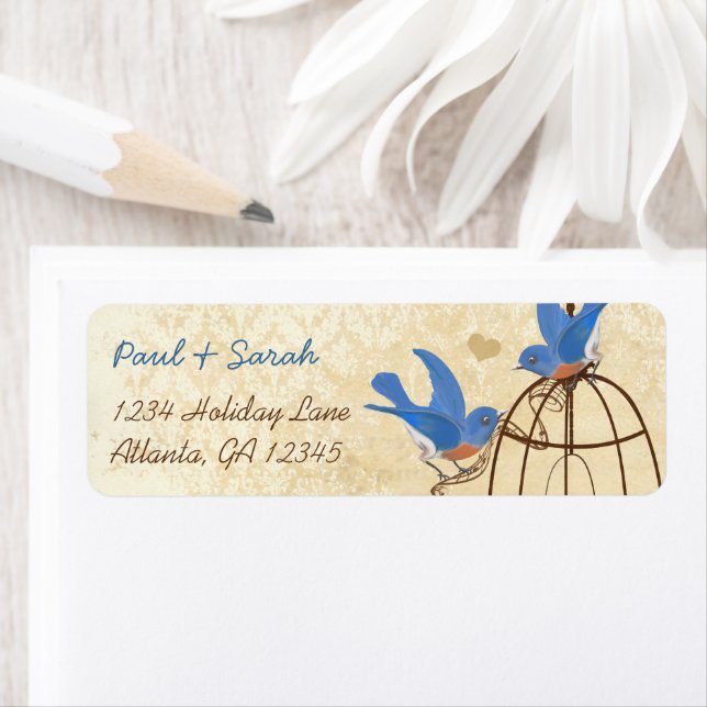 Vintage Damask Lucky Bluebirds Brown Bird Cage Label (Insitu)