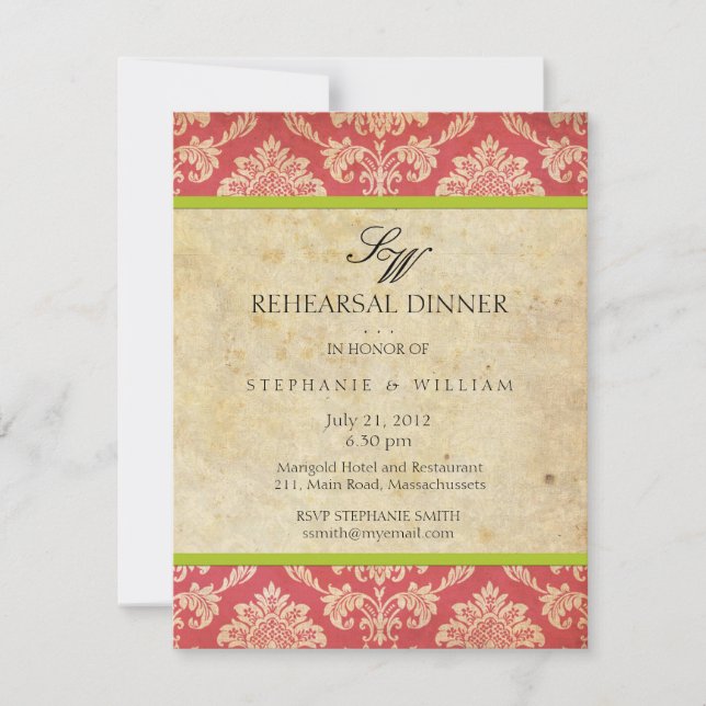Vintage Damask Monogram Rehearsal Dinner Card (Front)