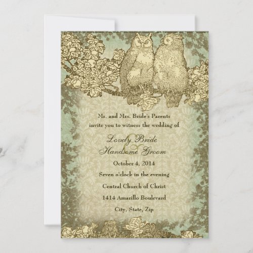 Vintage Damask Mr. and Mrs. Owl Wedding Invitation