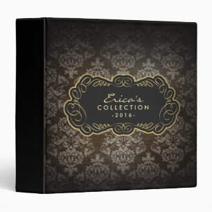 Vintage Damask Pattern Black & Gold Elegant 3 Ring Binder