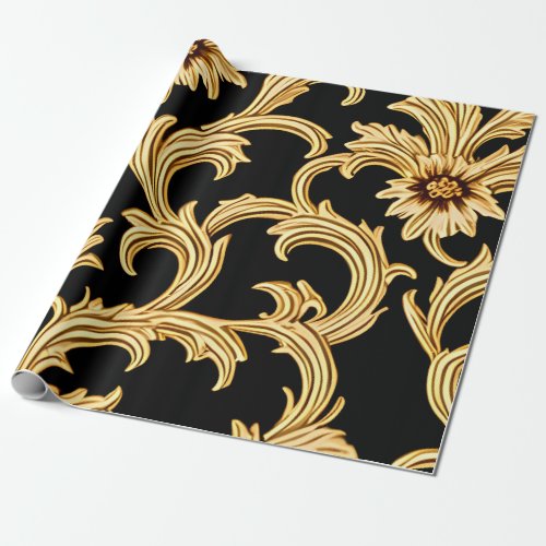 Vintage Damask Pattern _ Black  Yellow Wrapping Paper