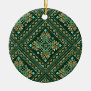Vintage Damask Pattern - Emerald green and gold Ceramic Ornament