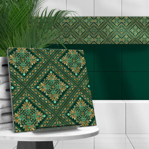 Vintage Damask Pattern - Emerald green and gold Ceramic Tile